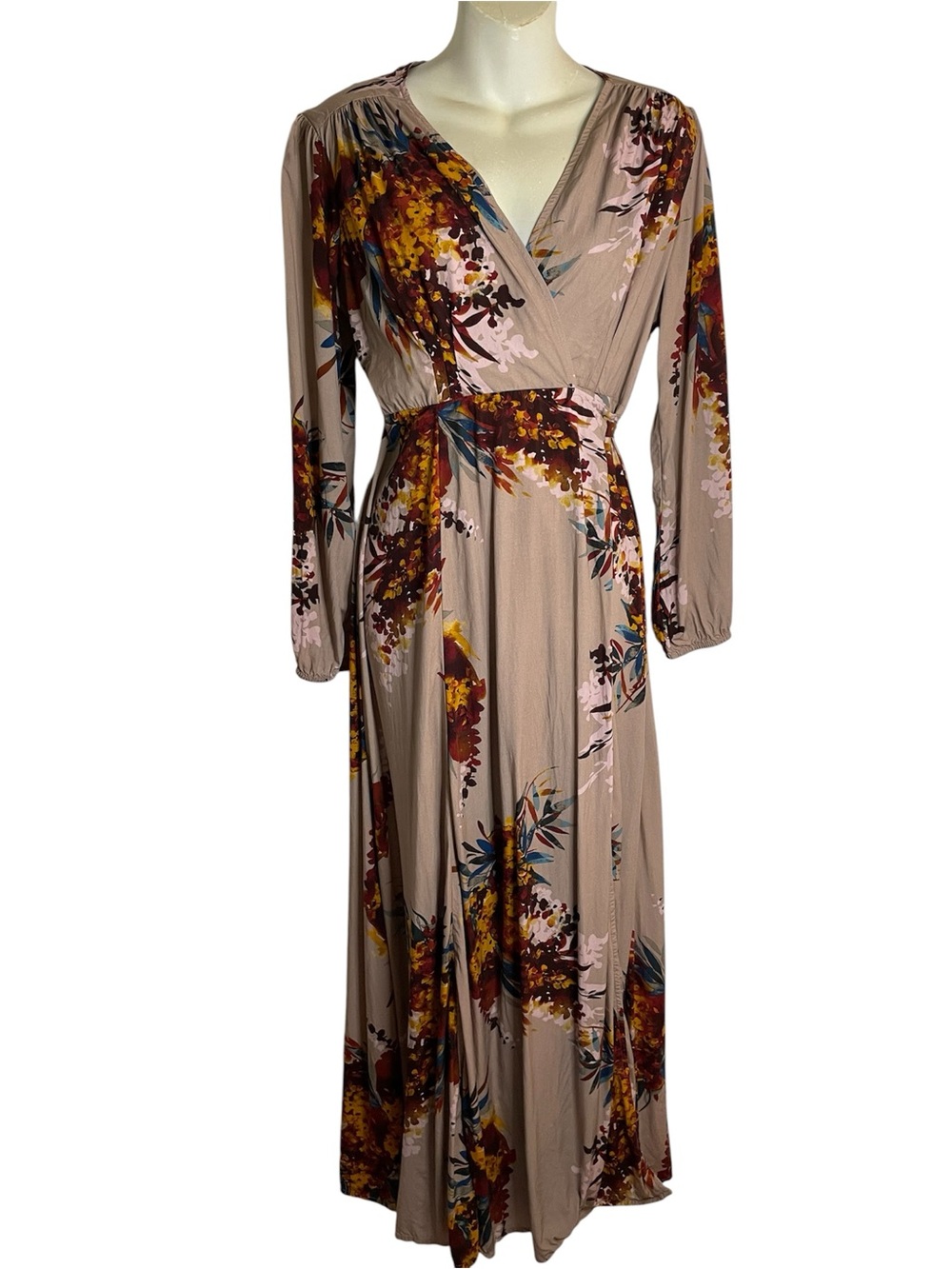 The Odells Floral Maxi Wrap Dress in Taupe with Pink & Mustard Accents Size M